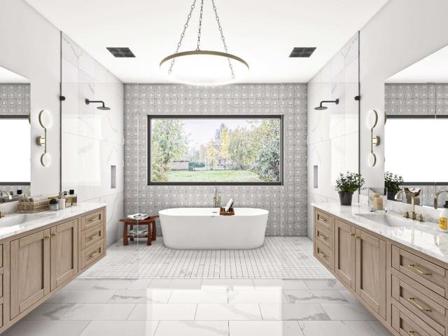 Bathroom with twin timber vanities either side of a freestanding tub