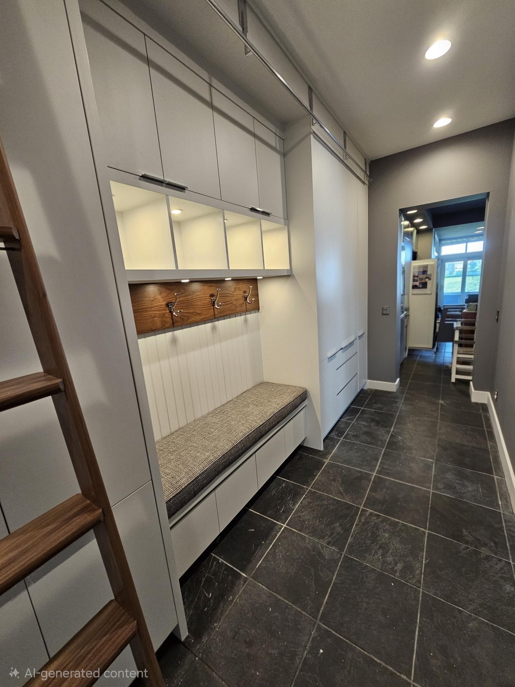 Mudroom with a built-in bench, lockers and hooks in pale timber